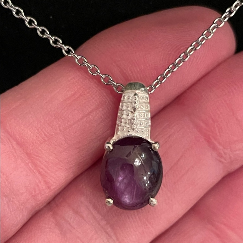 Solid sterling silver stamped 925 20 inch purple cat’s eye gemstone Pend…